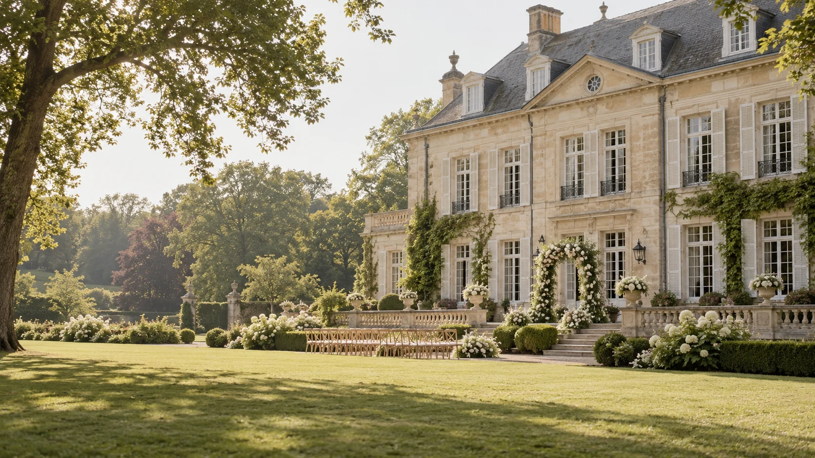 Kalkstenen landhuis met een breed gazon en oude bomen